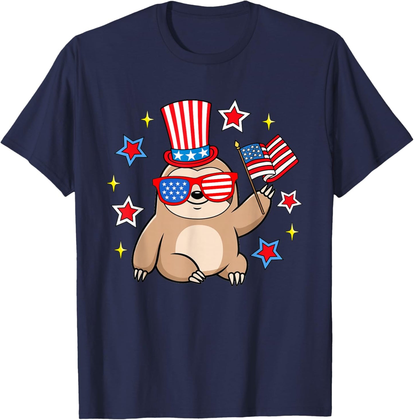 Cute Sloth American Flag Patriotic Funny 4th of July T-Shirt - T-Shirt | Navy