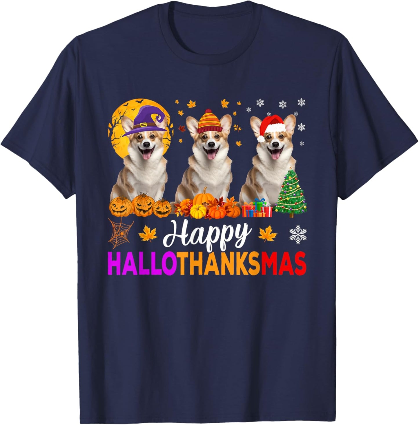 Corgi Dog Halloween Christmas Hallothanksmas T-Shirt - T-Shirt | Navy