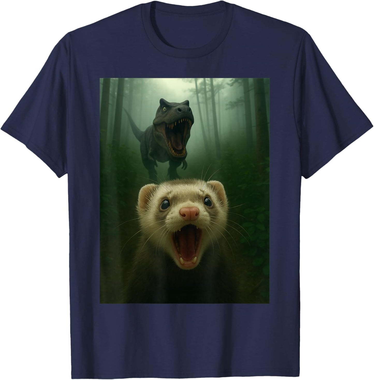 Funny Ferret Selfie with T-Rex Dinosaur Gifts Men Women Kid T-Shirt - T-Shirt | Navy