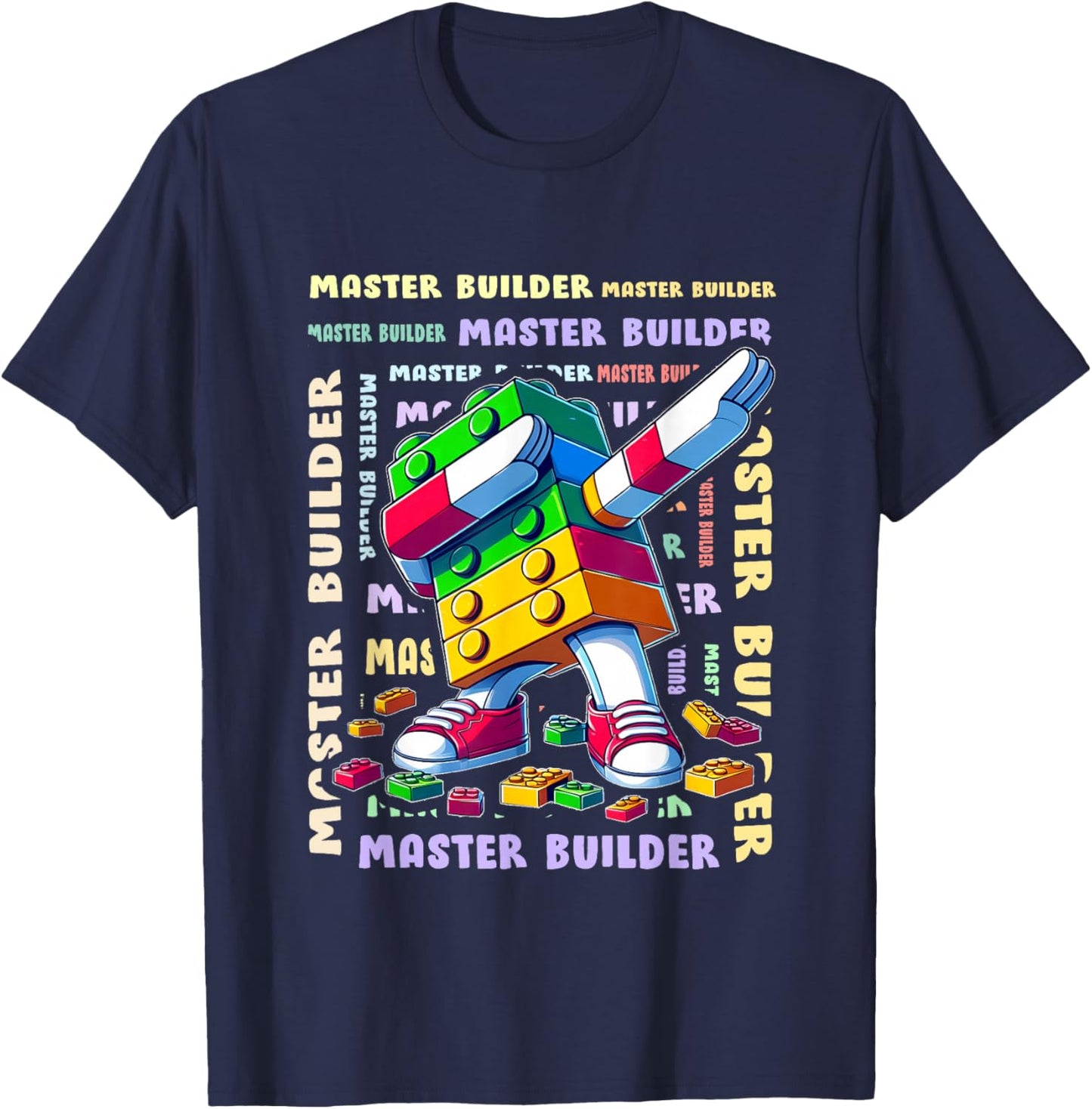 Colourful Master Builder Dabbing Blocks Bricks Builder T-Shirt - T-Shirt | Navy