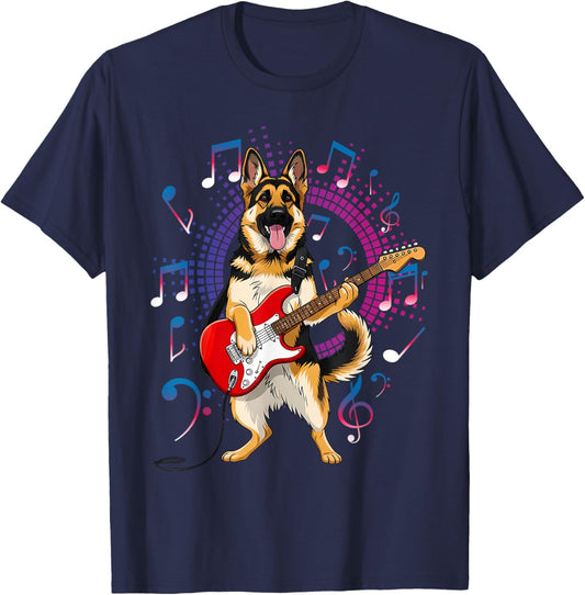 Funny German Shepherd Dog Playing Guitar Cool Music Rock T-Shirt - T-Shirt | Navy
