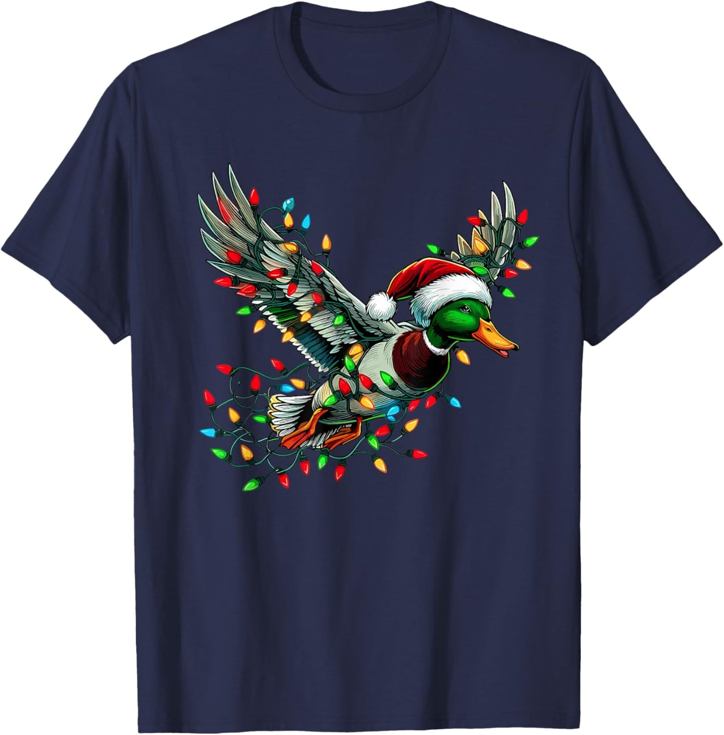 Flying Santa Duck with Christmas Lights Hunting Season T-Shirt - T-Shirt | Navy