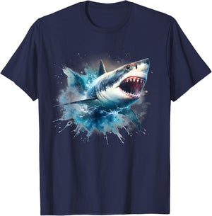 Cool Watercolor Great White Shark Open Jaw T-Shirt - T-Shirt | Navy