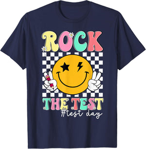 Rock The Test Testing Day Smile Face Teacher Motivational T-Shirt - T-Shirt | Navy