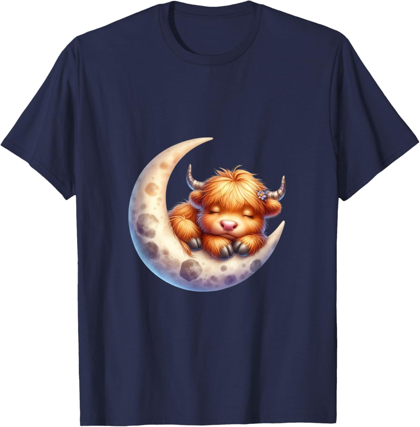 Cute Baby Highland Cow Sleeping on the Moon Heifer Farm T-Shirt - T-Shirt | Navy