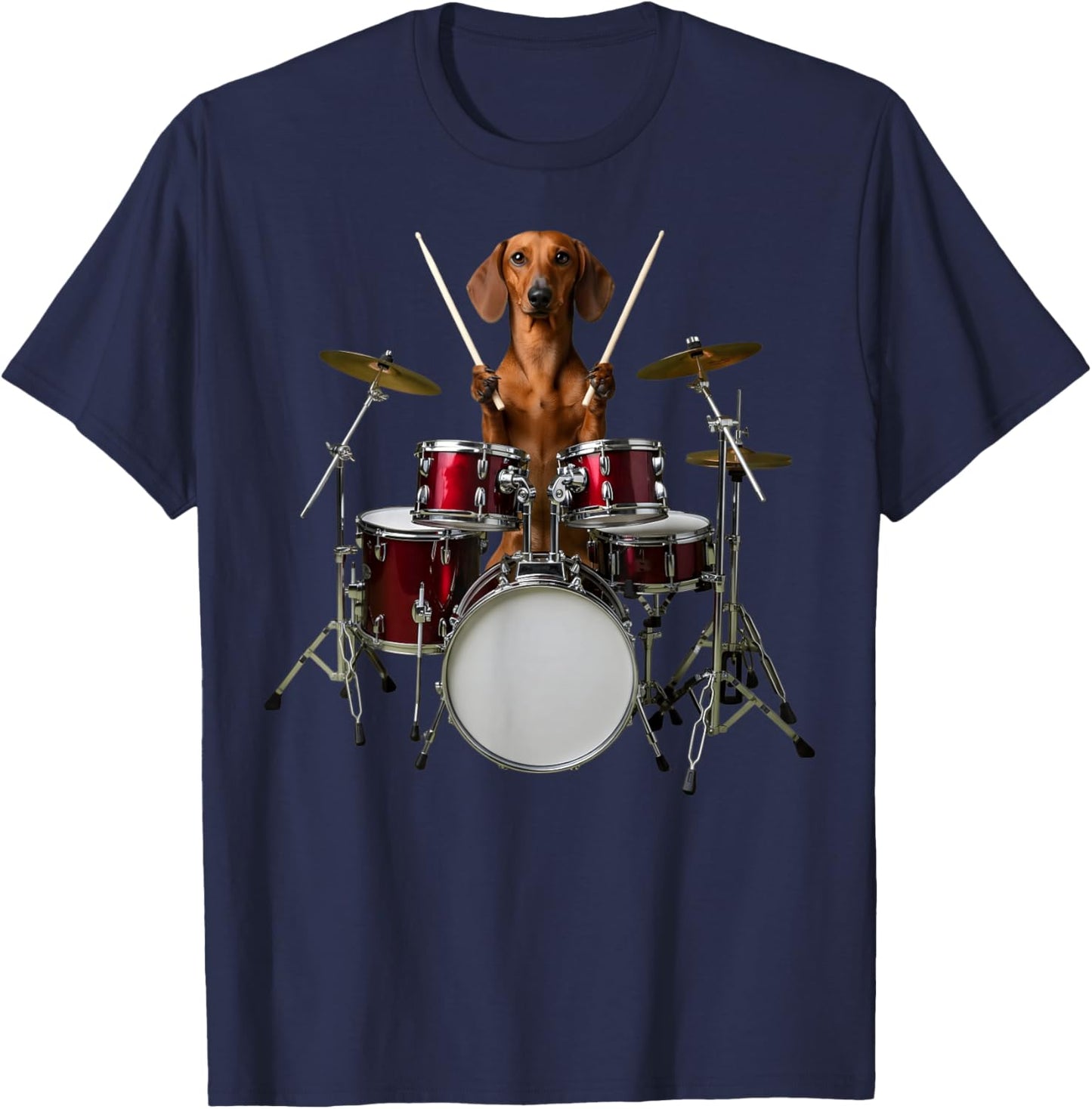 Dachshund Playing Drums Drum Set Drumming Funny Drummer T-Shirt - T-Shirt | Navy