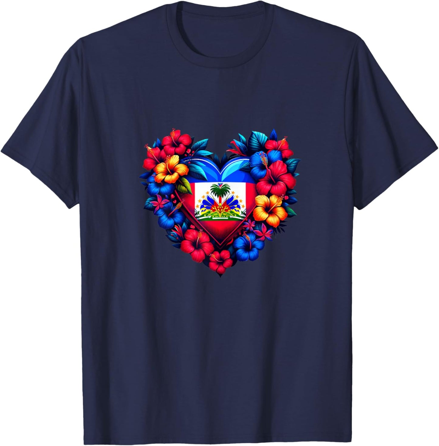 Haiti Haitian Heritage Month Flag Flower Heart T-Shirt - T-Shirt | Navy