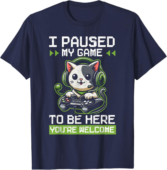 I Paused My Game To Be Here Gamer Cat Video Games Grunge T-Shirt - T-Shirt | Navy