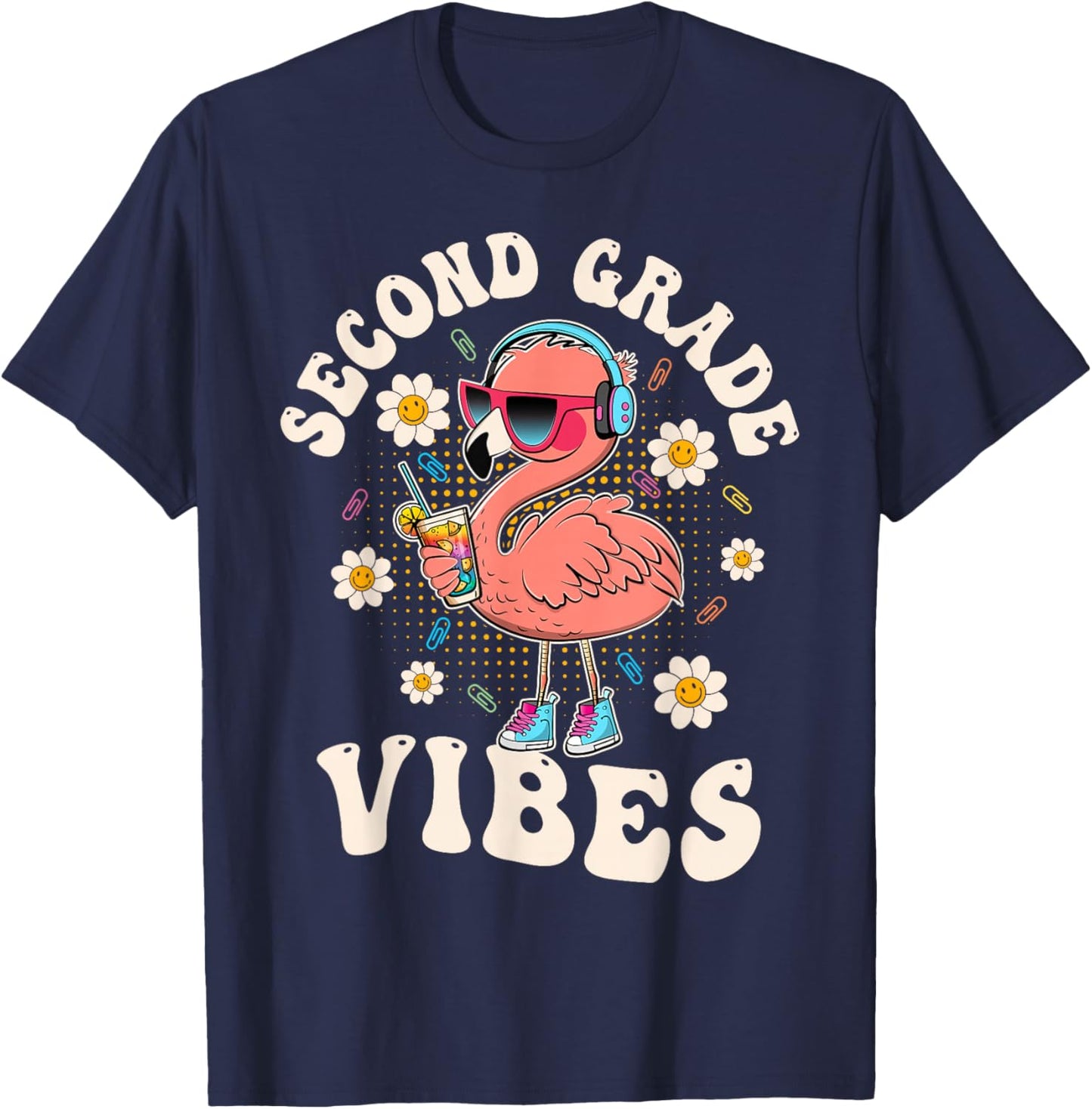 Flamingo Back to School Second Grade Vibes Teacher 2nd Grade T-Shirt - T-Shirt | Navy