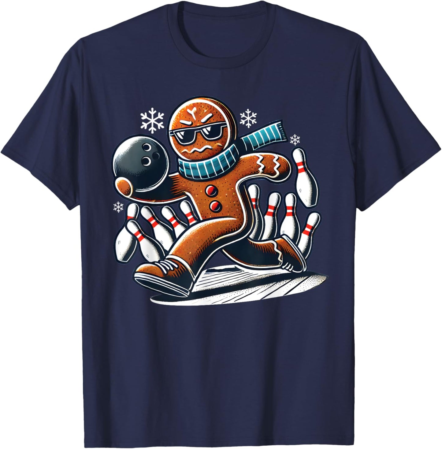 Gingerbread Playing Bowling ball and pins Christmas bowling T-Shirt - T-Shirt | Navy