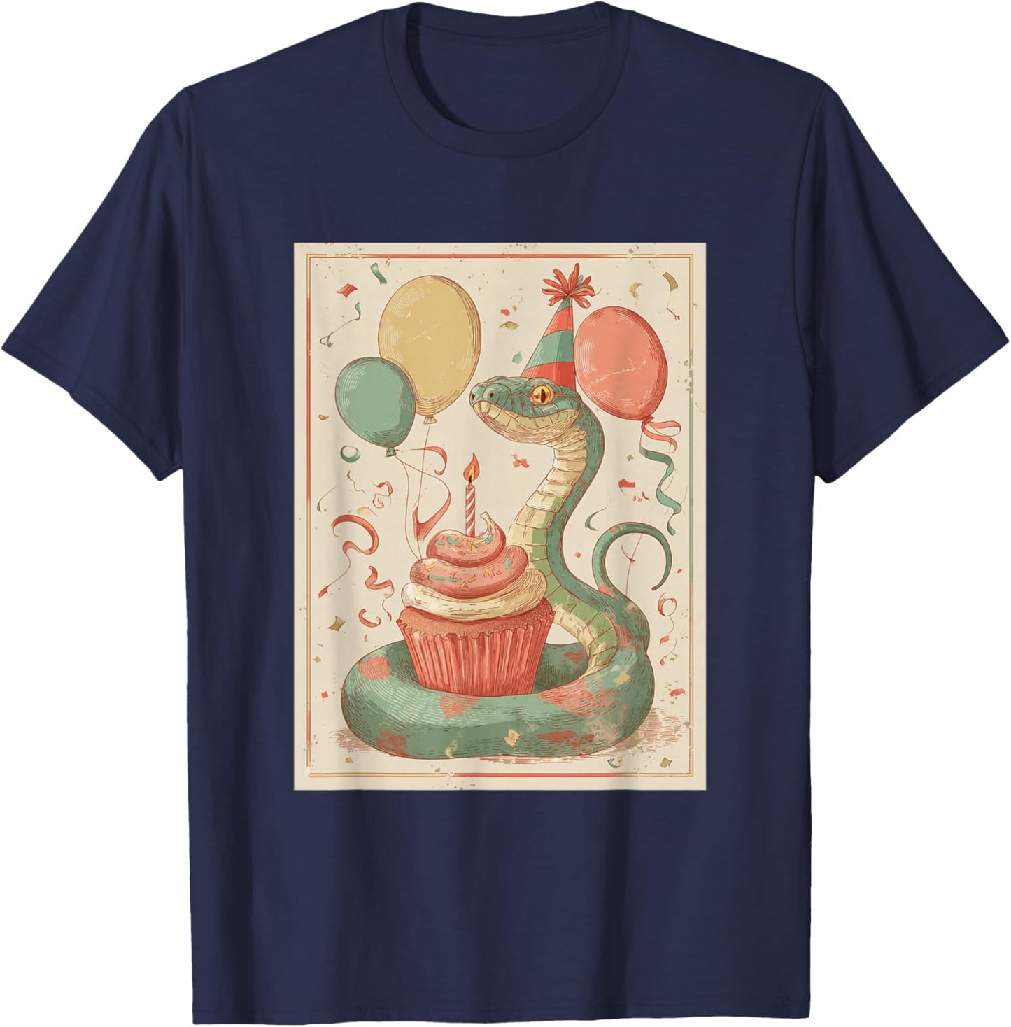 Snake Retro Art Print Birthday Party Balloons & Cupcake T-Shirt - T-Shirt | Navy