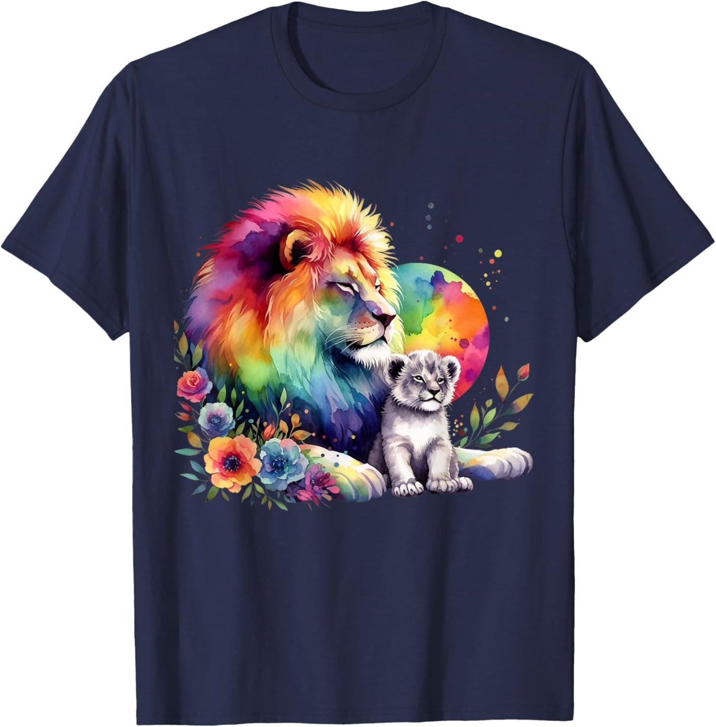 Löwe, Löwenpapa mit Löwenbaby, buntes Löwenbild, Kunst Löwen T-Shirt - T-Shirt | Navy
