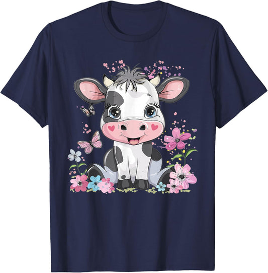 Cute Cow with Flowers I Kids Cow T-Shirt - T-Shirt | Navy