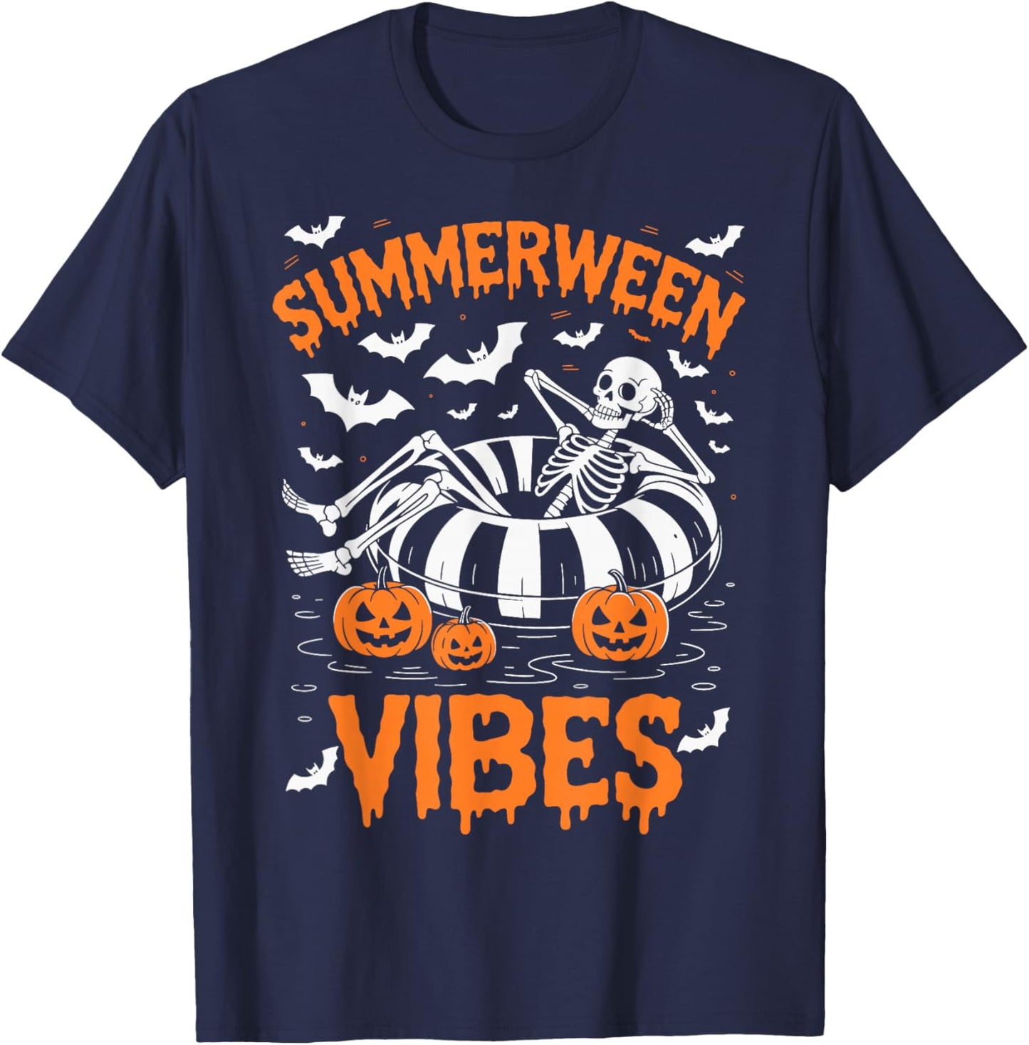 Summerween Vibes Skeleton Floating Pool Pumpkin Halloween T-Shirt - T-Shirt | Navy