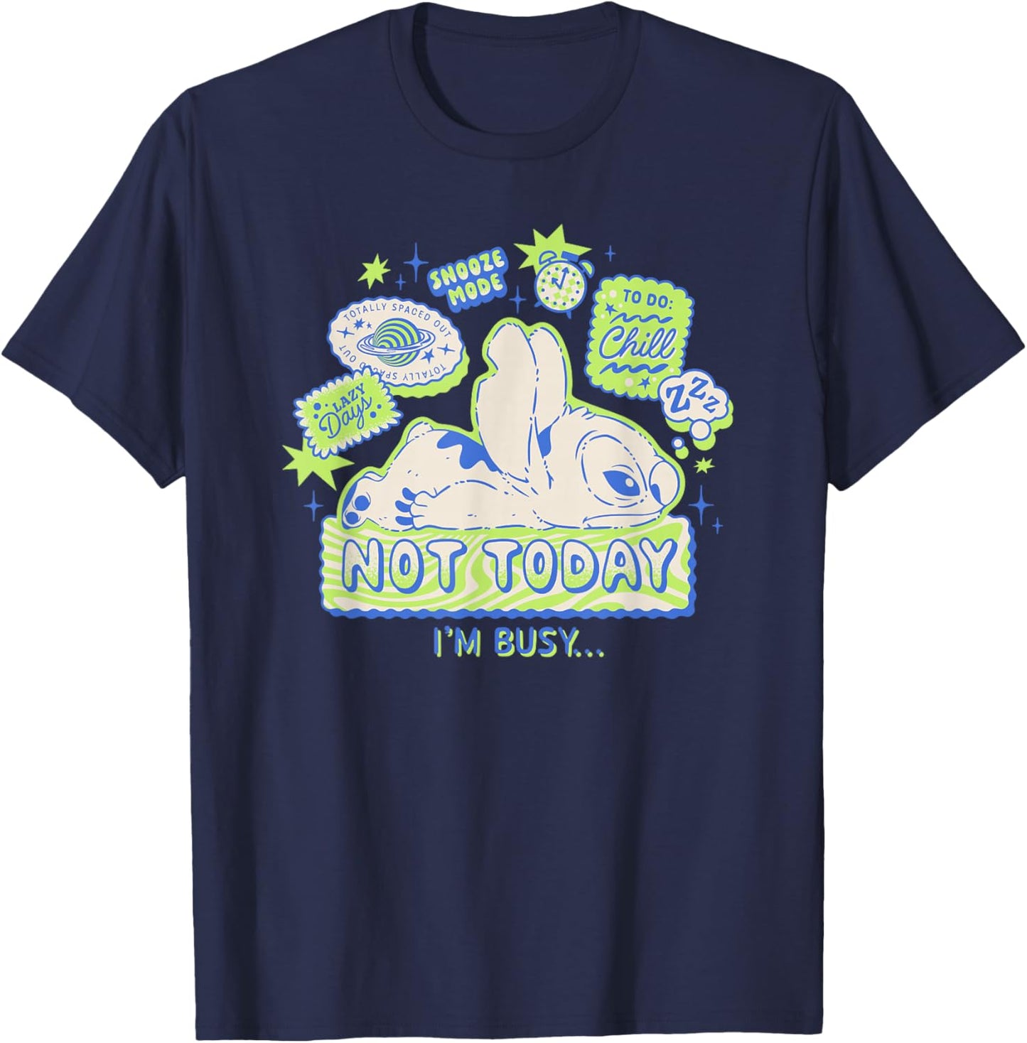 Disney Lilo & Stitch Not Today I'm Busy Neon Retro Big Logo T-Shirt - T-Shirt | Navy