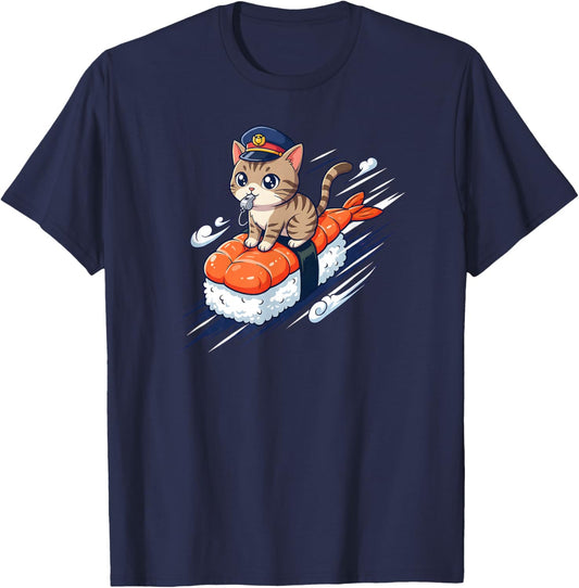 Cute Cat Conductor Riding Shrimp Sushi Train Kawaii Anime T-Shirt - T-Shirt | Navy