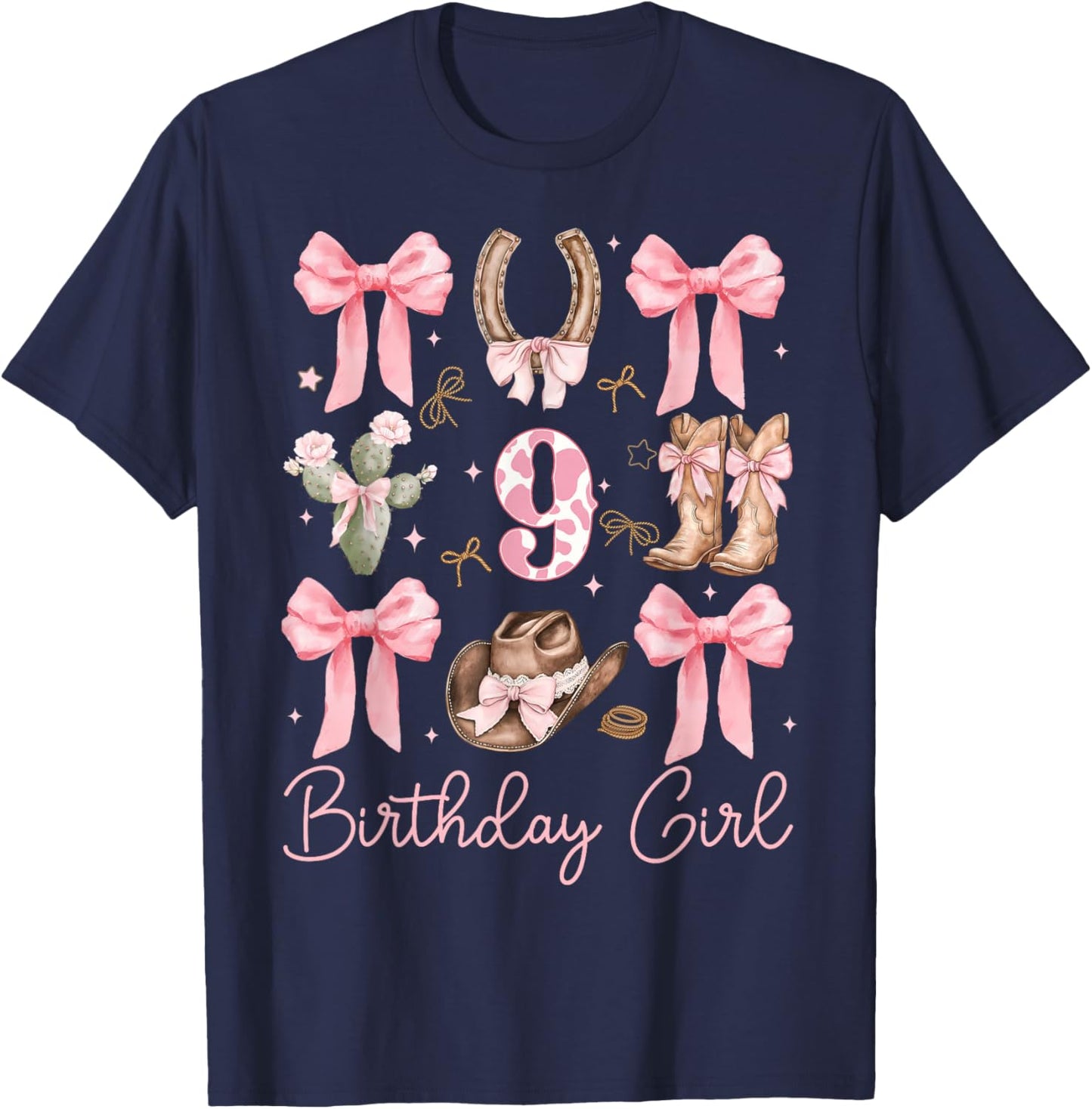 9th Birthday Girl Cowgirl Coquette Bow 9 Year Old Western T-Shirt - T-Shirt | Navy