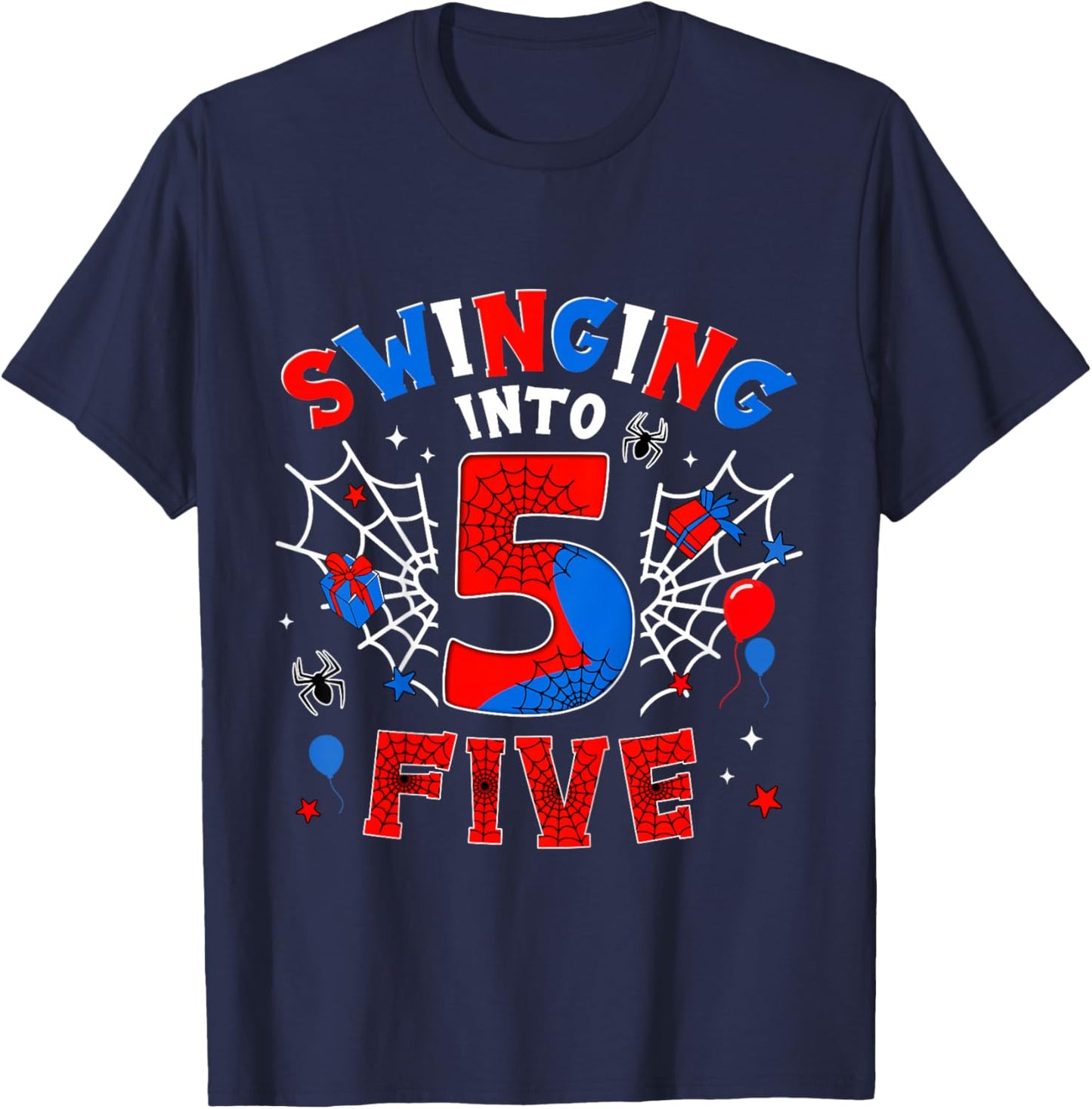Kids Swinging Into Three 5th Birthday Spiders 5 Year Old Boys T-Shirt - T-Shirt | Navy