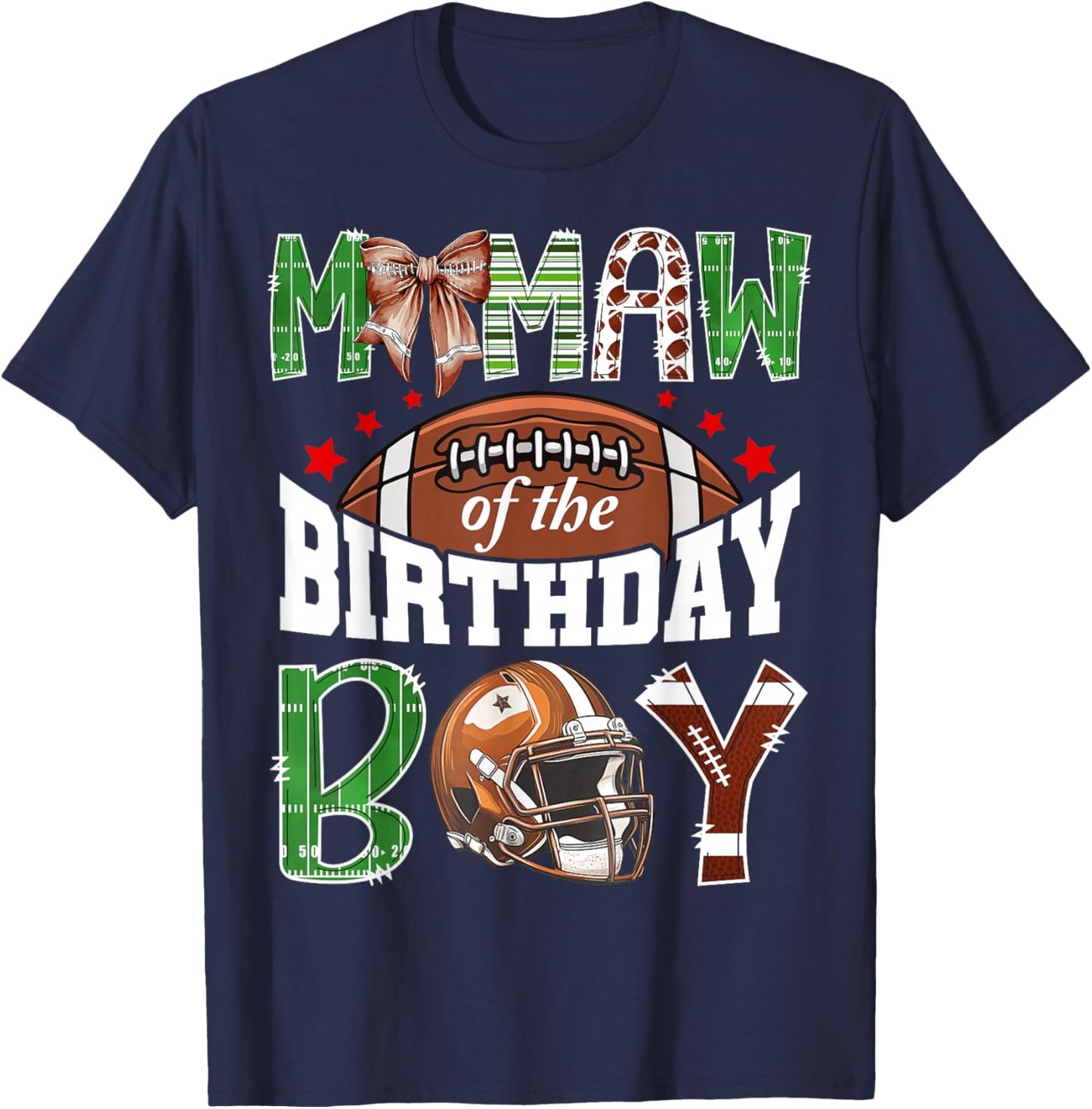 Memaw of The Birthday Boy Football Coquette Bow T-Shirt - T-Shirt | Navy