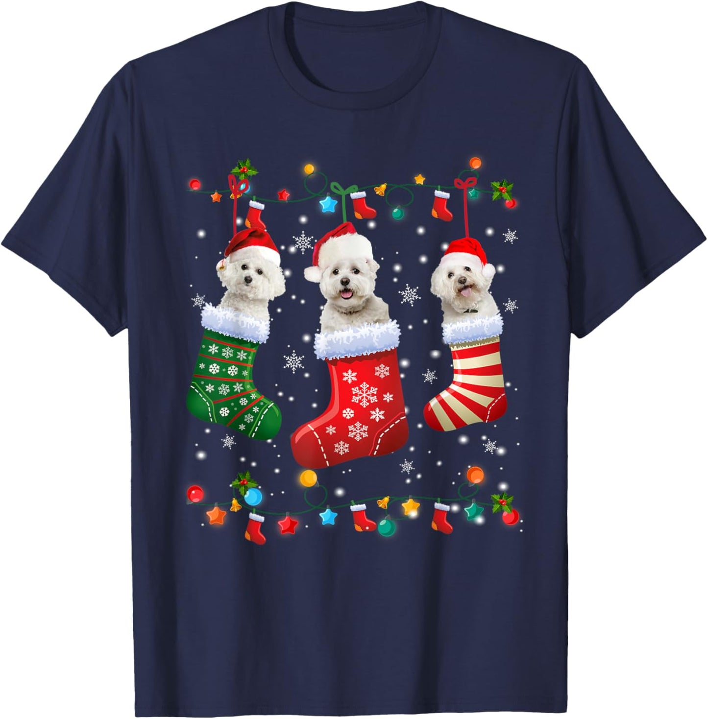 Christmas Socks Pajama Bichon Frise Dog Puppy Lover T-Shirt - T-Shirt | Navy