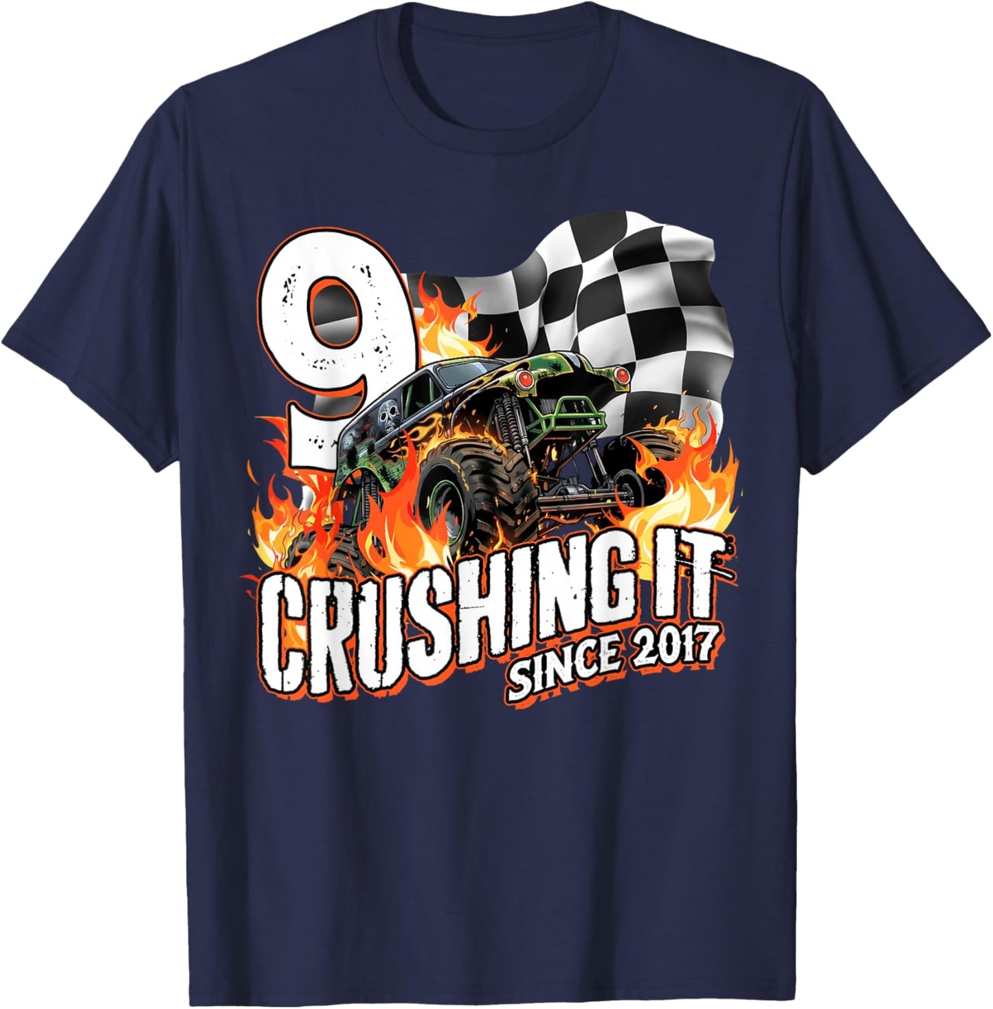 Birthday Monster Truck 9 Years Old Boys 9th Party Born 2017 T-Shirt - T-Shirt | Navy