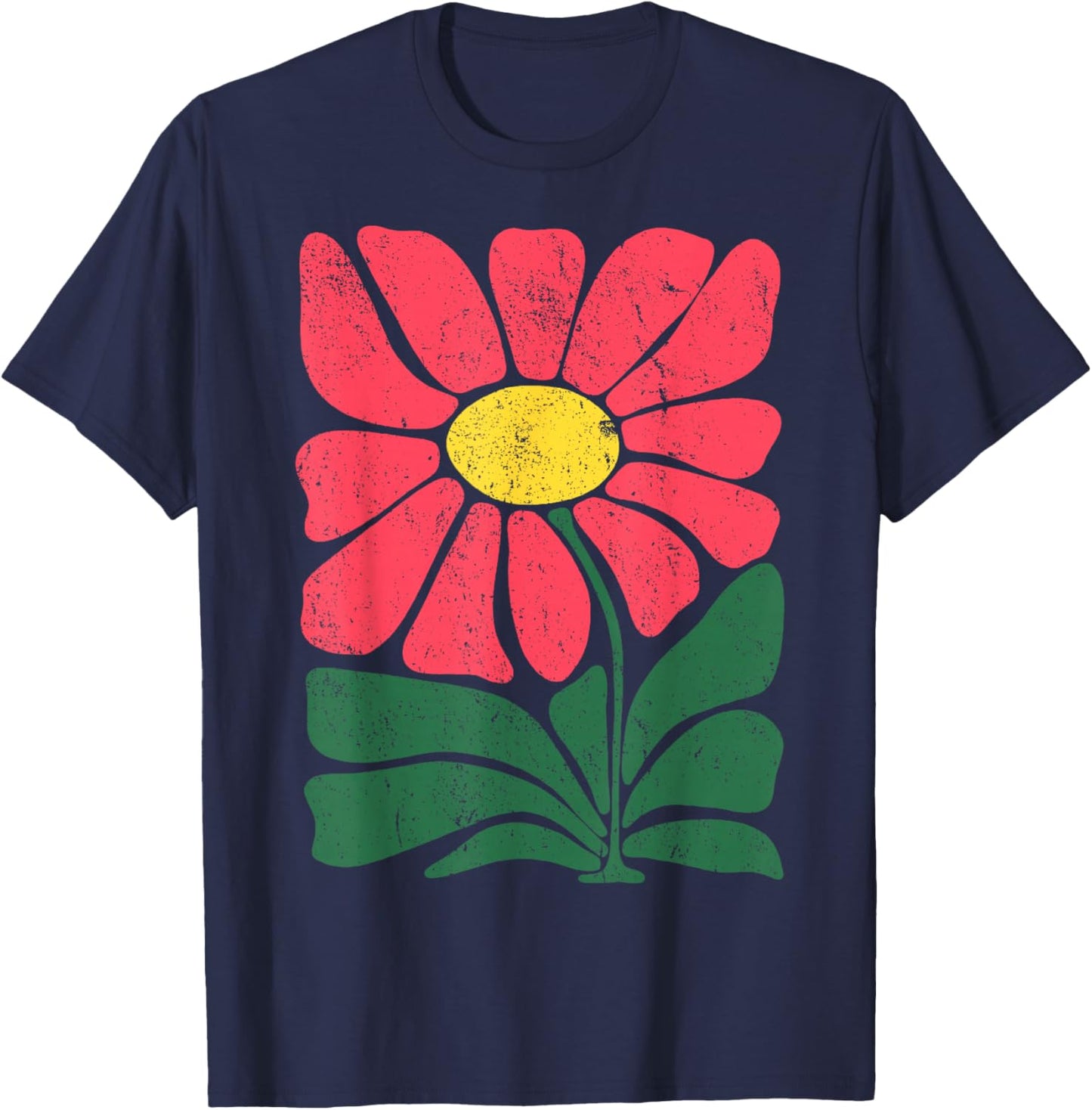 Retro Flower Folk Art - Vintage Botanical Cheerful T-Shirt - T-Shirt | Navy