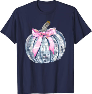 Retro Disco Ball Coquette Pumpkin Halloween Thanksgiving T-Shirt - T-Shirt | Navy