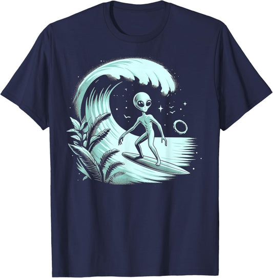 Alien Surfing Wave at Tropical Ocean Vintage Surf T-Shirt - T-Shirt | Navy