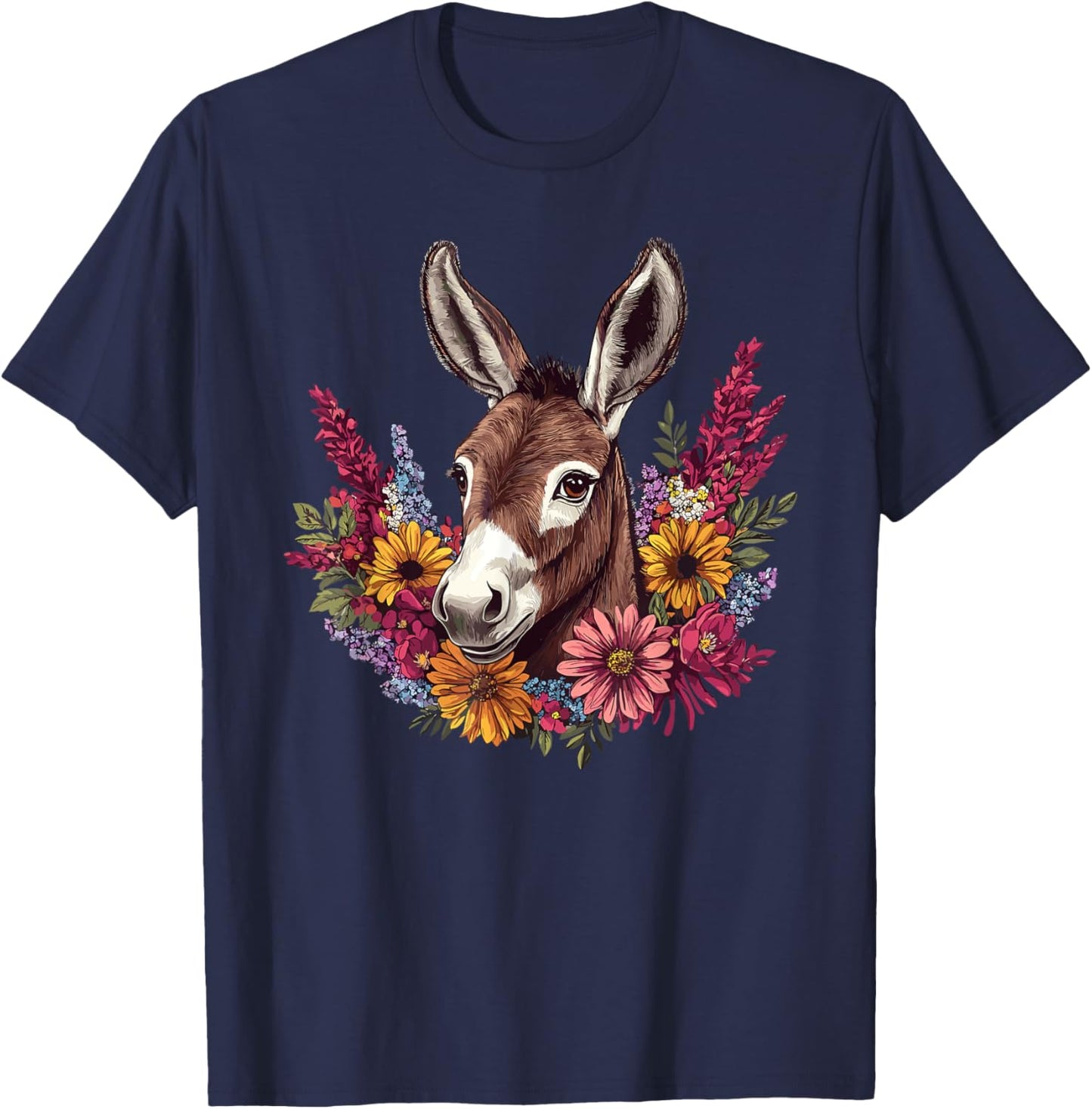 Charming Donkey With Colorful Flowers T-Shirt - T-Shirt | Navy