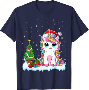 Unicorn Christmas For Girls Kids Santa Unicorn Xmas Tree T-Shirt - T-Shirt | Navy