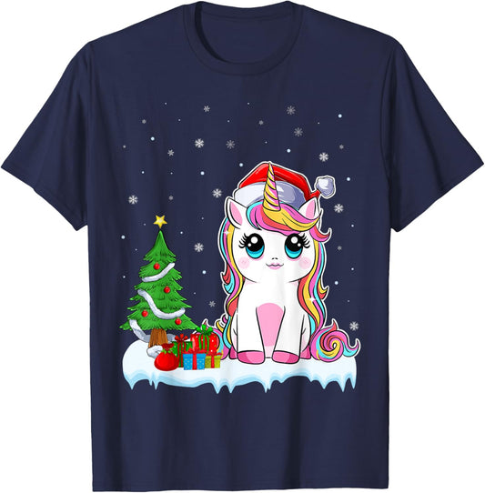 Unicorn Christmas For Girls Kids Santa Unicorn Xmas Tree T-Shirt - T-Shirt | Navy