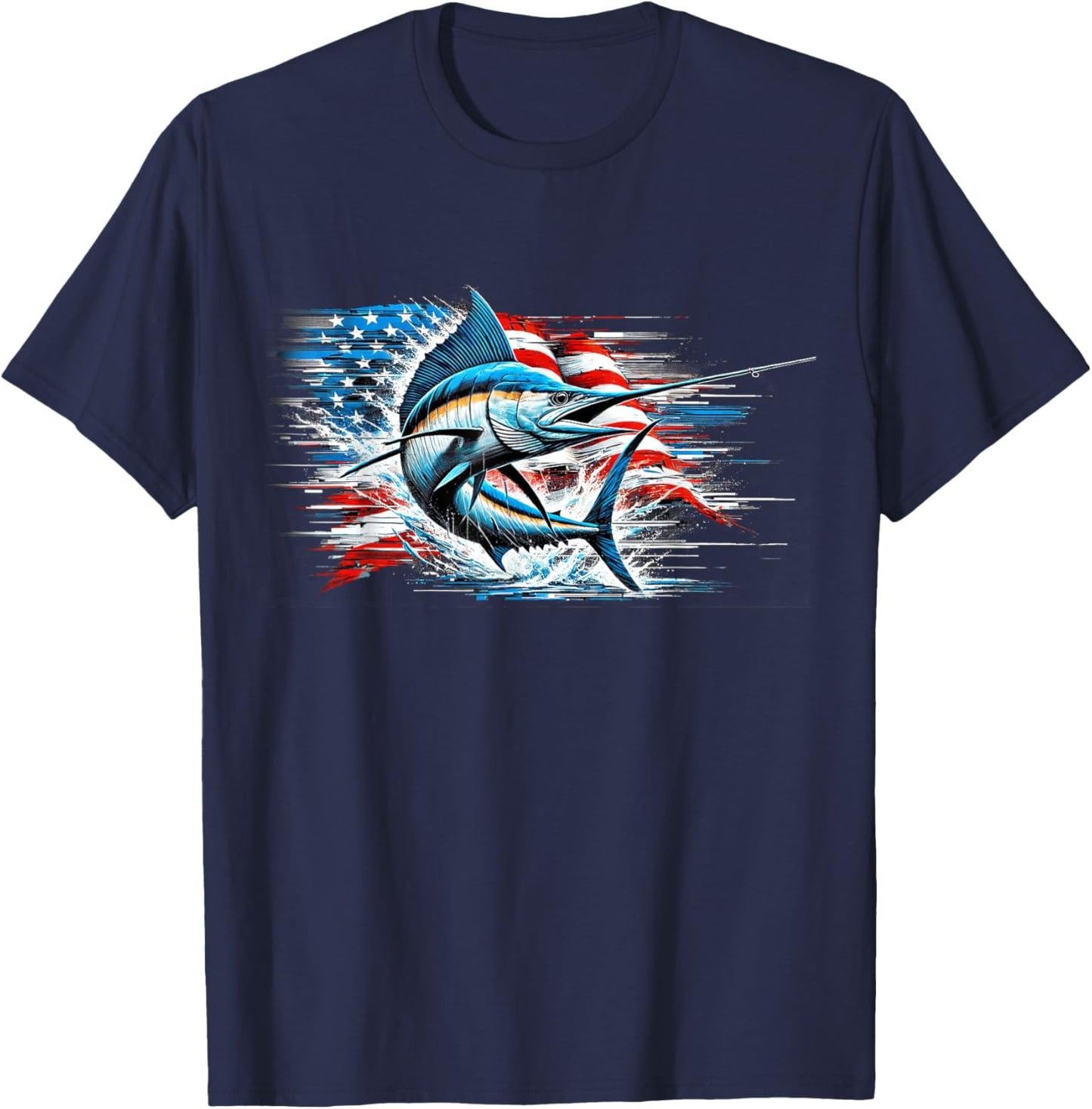 Fishing Marlin Swordfish Fish 4th of July American Flag USA Women Men T-Shirt - T-Shirt | Navy