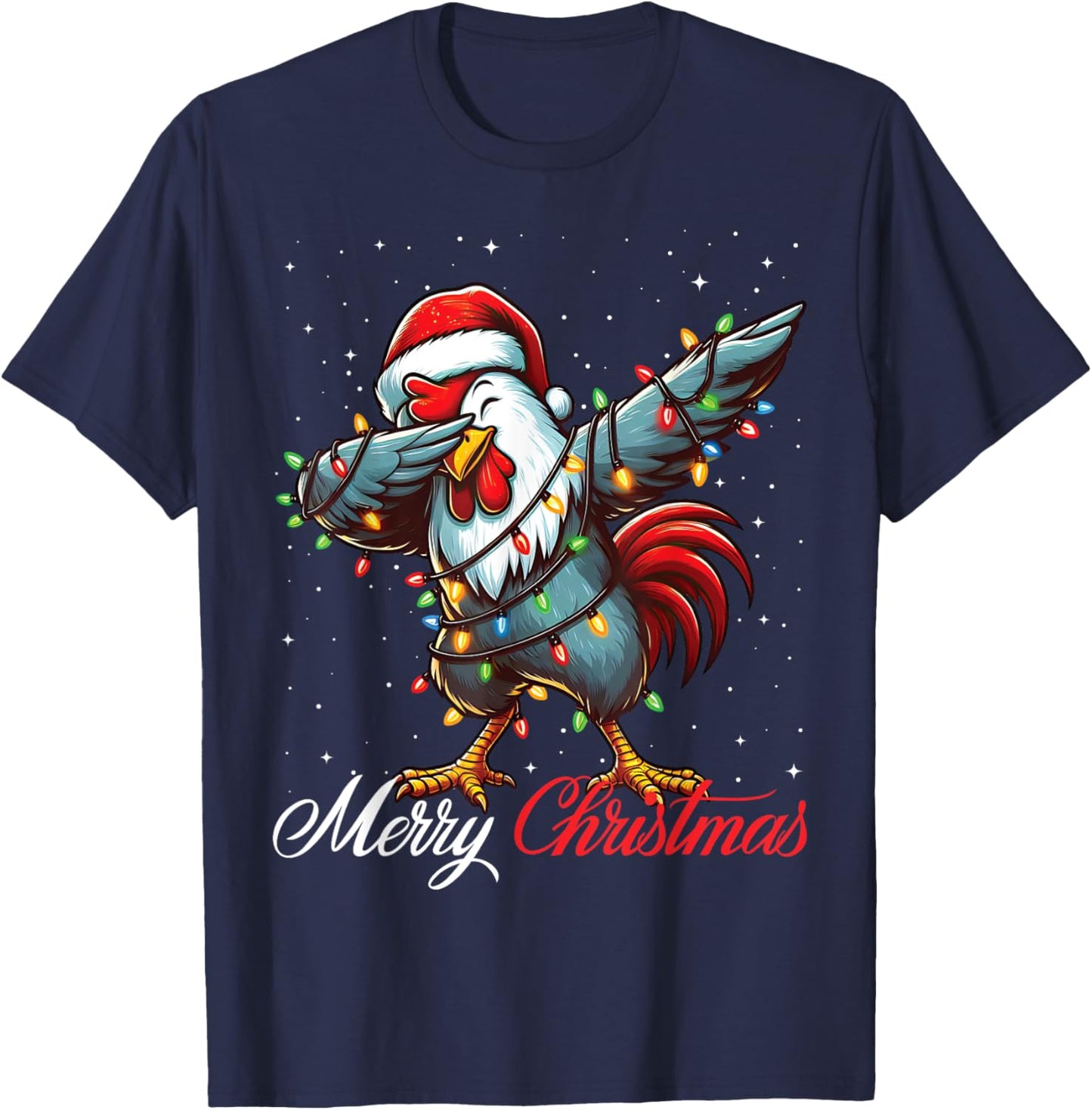 Dabbing Rooster Merry Christmas Lights Santa Hat Xmas Snow T-Shirt - T-Shirt | Navy