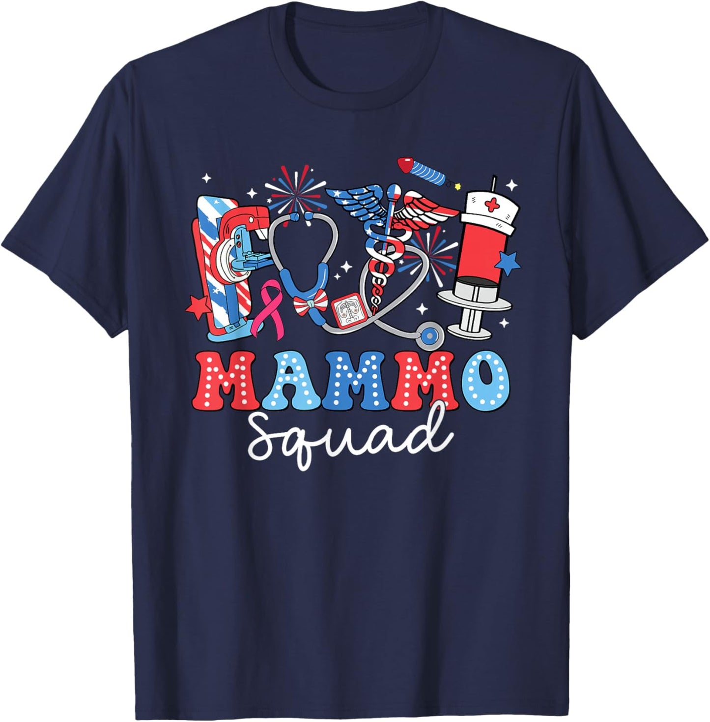 Groovy Mammo Squad Mammo Tech USA Flag Fireworks 4th Of July Women Men T-Shirt - T-Shirt | Navy