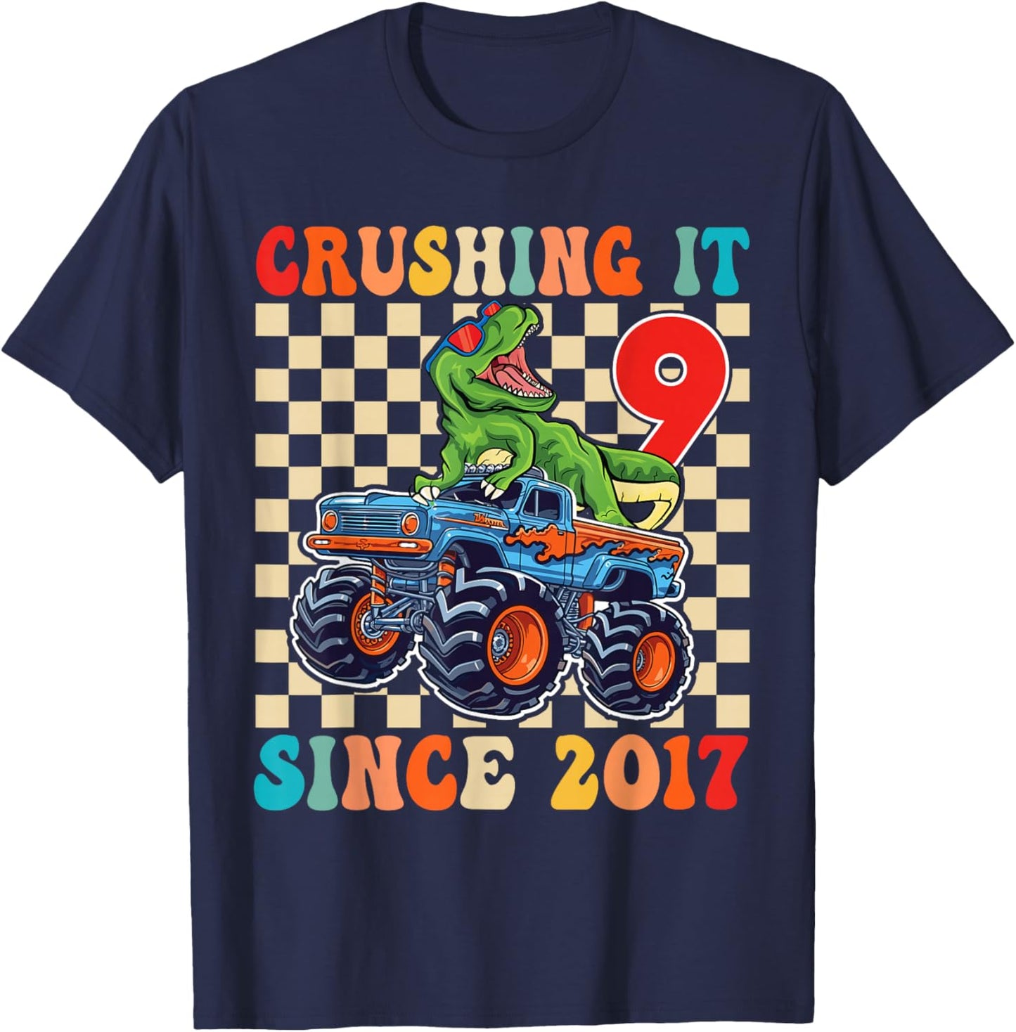Birthday Monster Truck 9 Year Old Boys 9th Party Born 2017 T-Shirt - T-Shirt | Navy