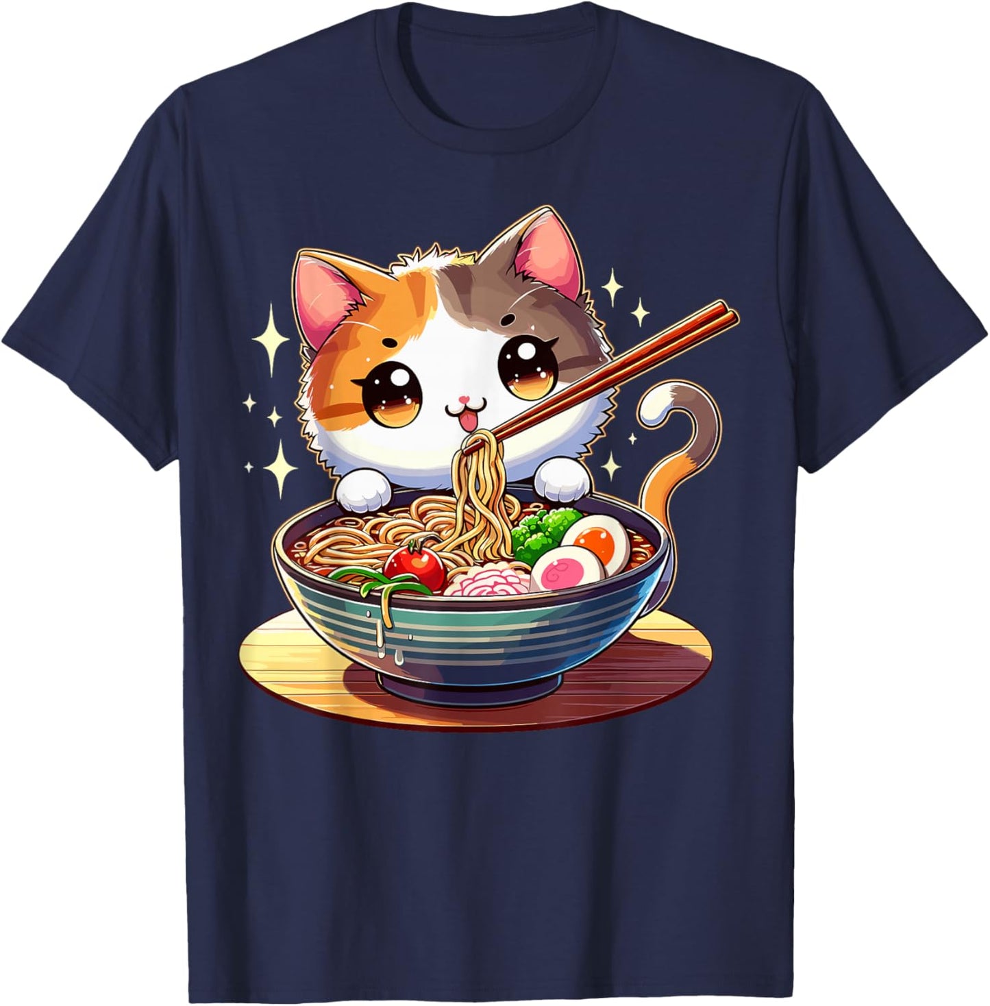 Cat Ramen Noodles Anime Kawaii Japanese Cat T-Shirt - T-Shirt | Navy