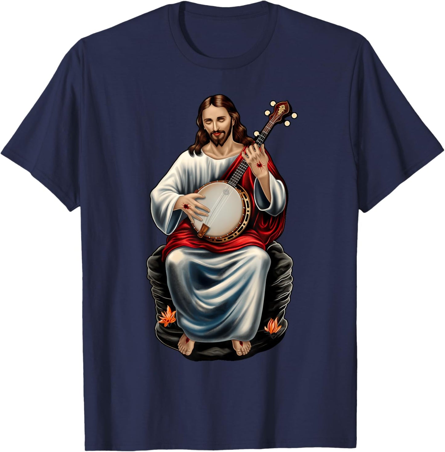 Jesus Christian Religious Playing Banjo Bluegrass T-Shirt - T-Shirt | Navy