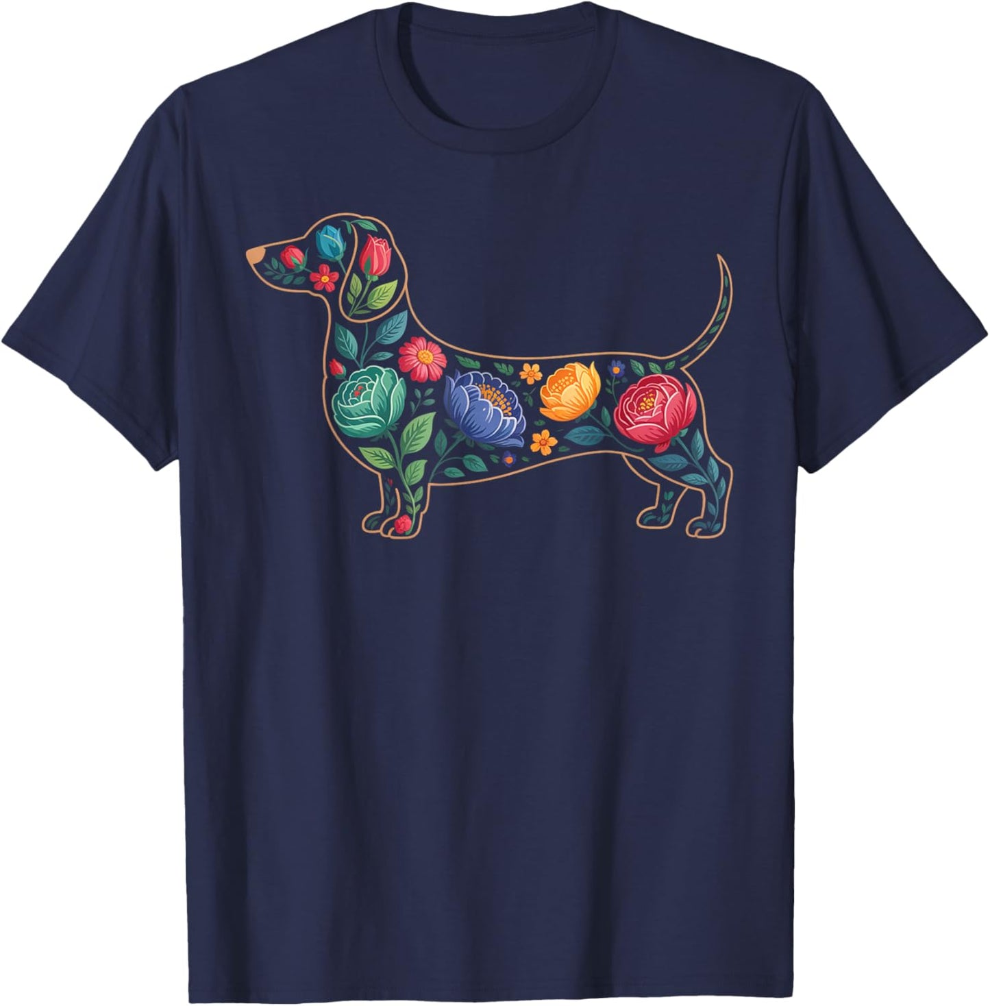 Floral Dachshund Dog Cute Flower Garden T-Shirt - T-Shirt | Navy