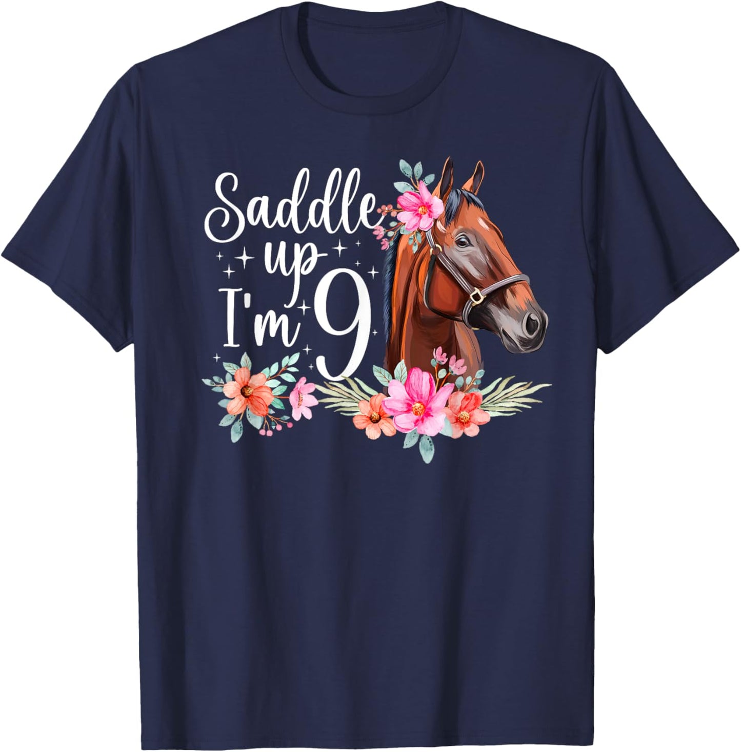 9th Horse Birthday Nine Year Old Girl Horses Birthday T-Shirt - T-Shirt | Navy