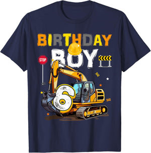 6th Birthday Boy 6 Years Old Excavator Six Decorations T-Shirt - T-Shirt | Navy