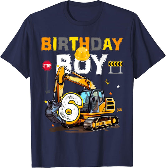 6th Birthday Boy 6 Years Old Excavator Six Decorations T-Shirt - T-Shirt | Navy