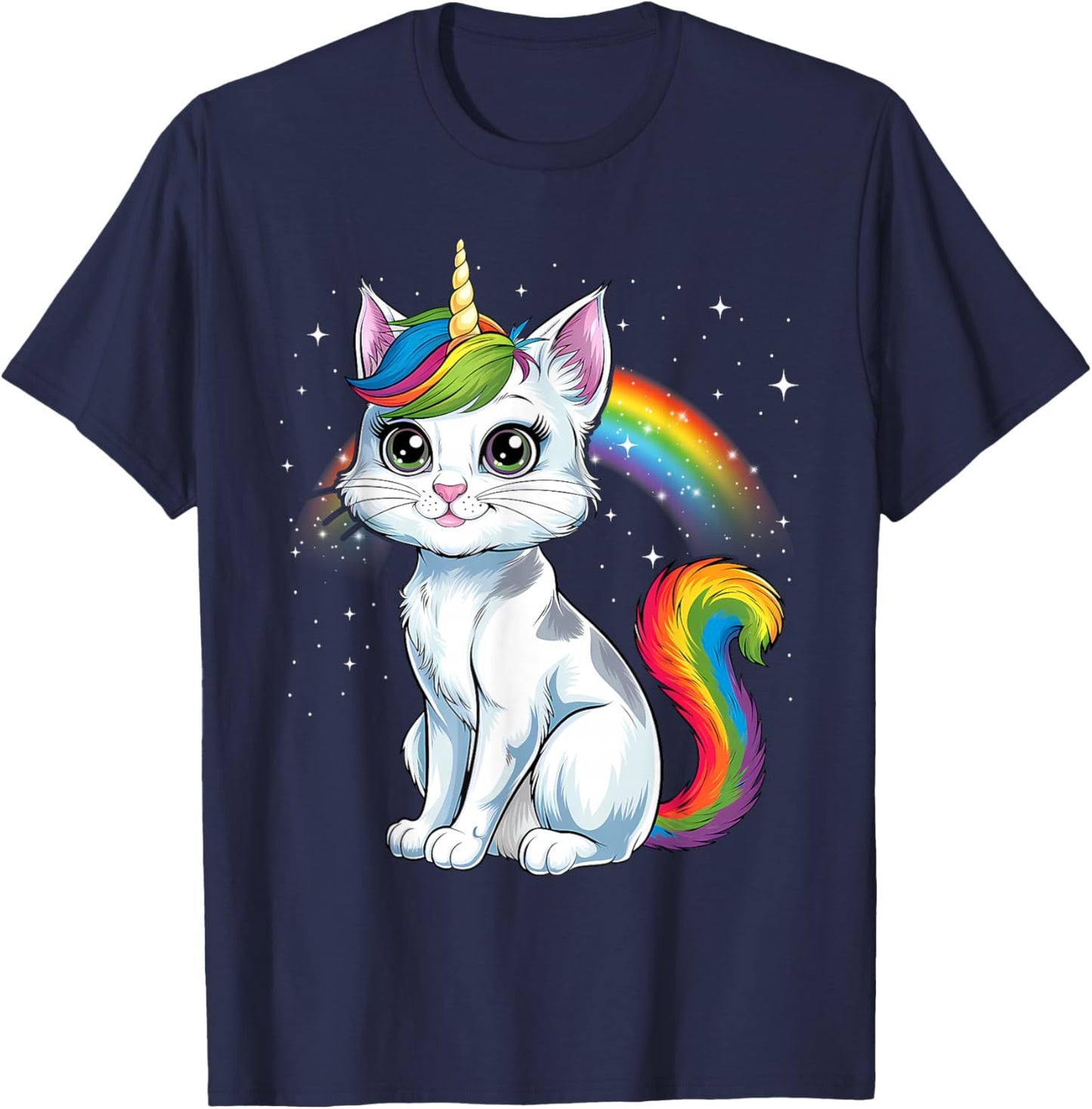 Cute Unicorn Cat Adorable Smiling Rainbow Kitty T-Shirt - T-Shirt | Navy