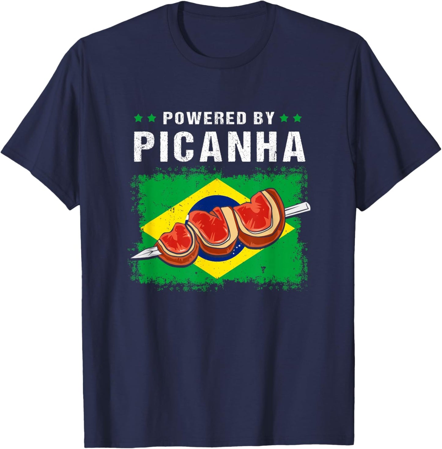 Powered By Picanha Steak Brasil Funny Brazil Flag T-Shirt - T-Shirt | Navy