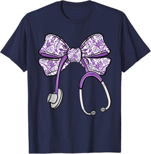 Cute Floral Coquette Purple Nurse Bow Ribbon Stethoscope RN T-Shirt - T-Shirt | Navy