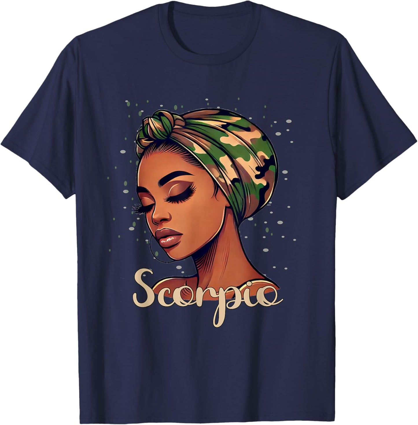 Scorpio Black Woman With Camo Scarf Birthday T-Shirt - T-Shirt | Navy