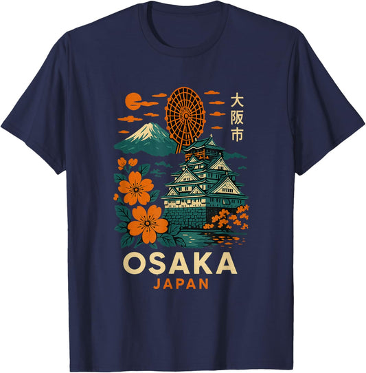Vintage Osaka Japan Castle Fuji Sakura Artwork T-Shirt - T-Shirt | Navy
