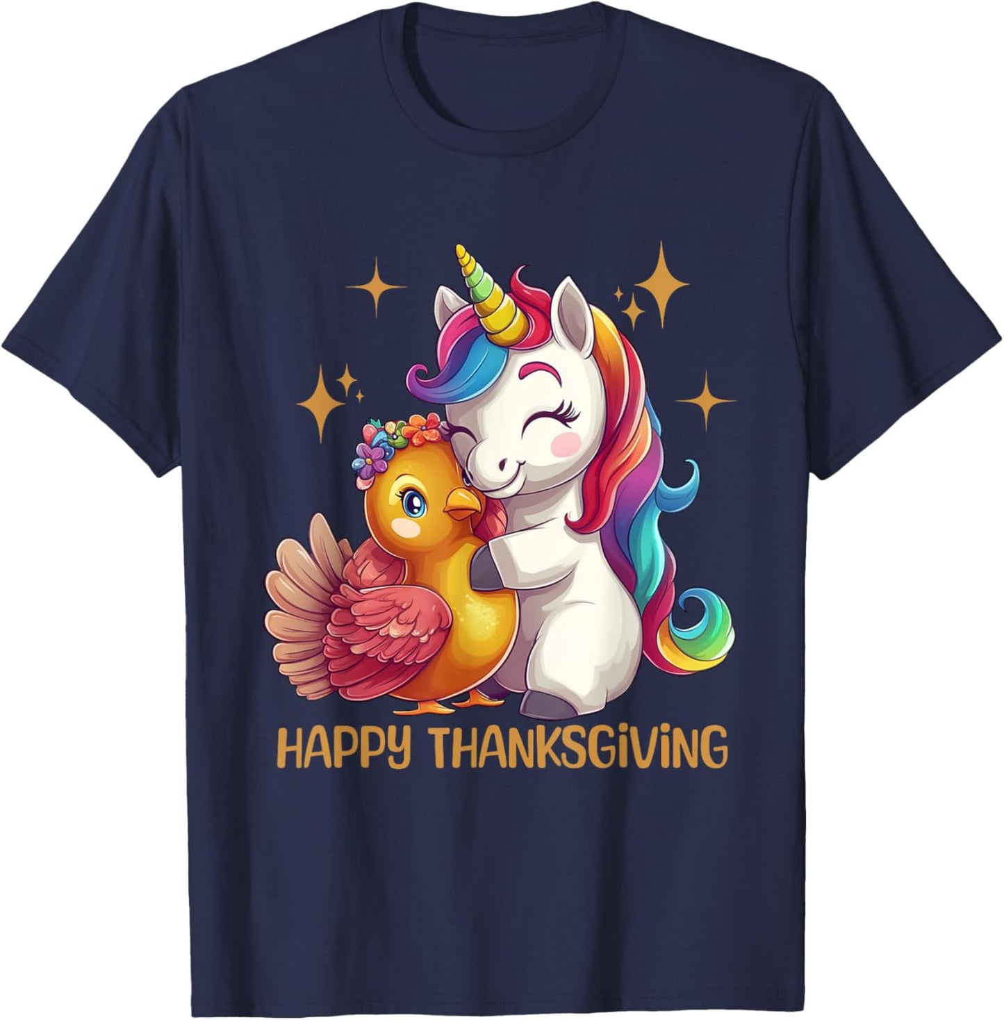 Happy Thanksgiving Shirt Girls Fall Unicorn Hugging Turkey T-Shirt - T-Shirt | Navy