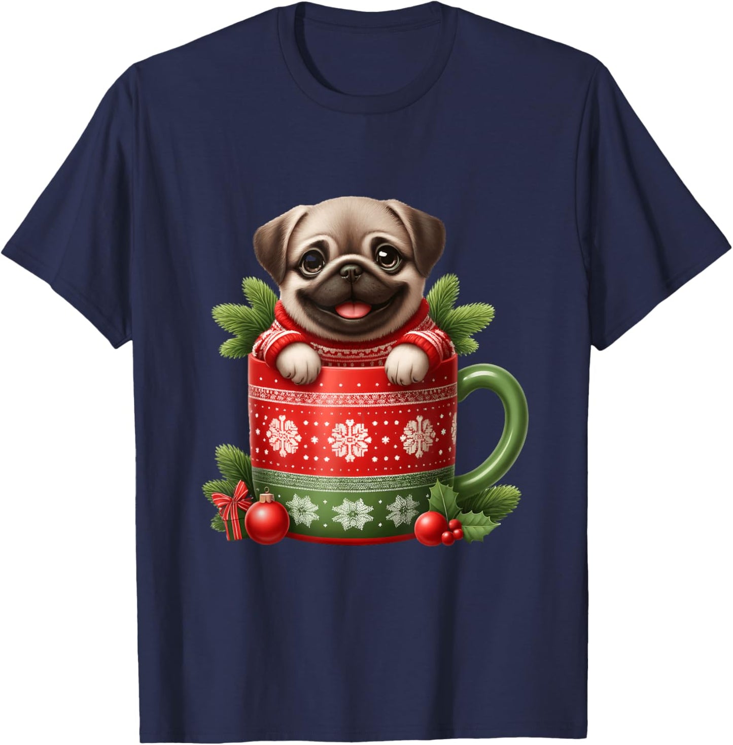 Joyful Pug in Festive Mug Cozy Christmas T-Shirt - T-Shirt | Navy