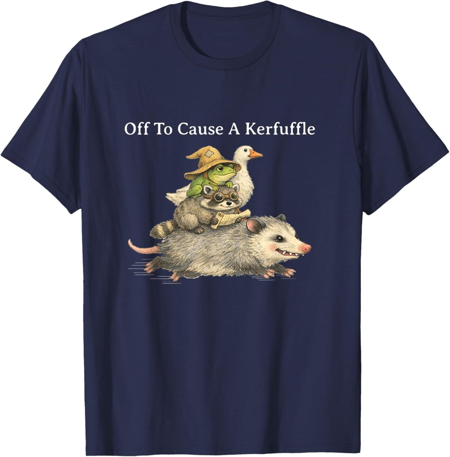Off to Cause A Kerfuffle Frog Raccoon Goose T-Shirt - T-Shirt | Navy
