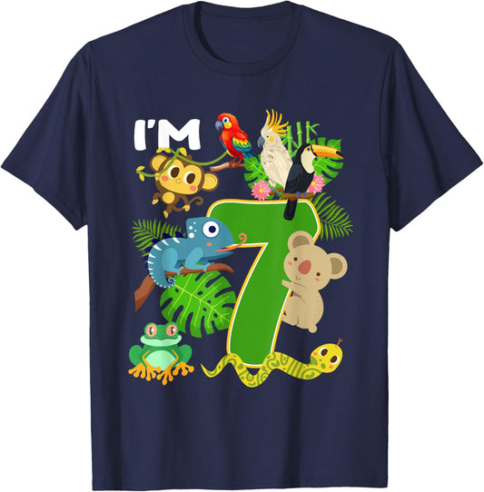 I'm 7 Year Old Birthday Rainforest Animals 7th Bday Kids T-Shirt - T-Shirt | Navy